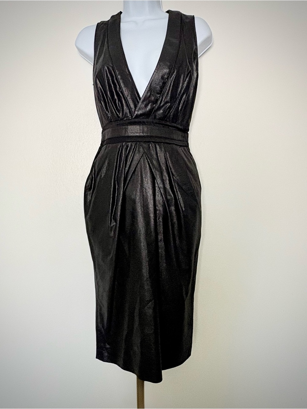 Just Cavalli Coated Black Plunge V-Neck Dress IT 42 US 6 Animal Print Lining EUC